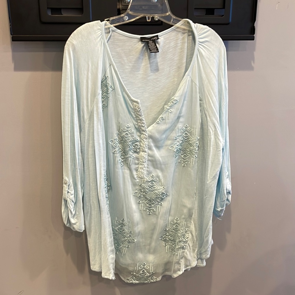 RXB Baby Blue Top Plus Size XXL | Embroidered Long Sleeve Casual V-Neck